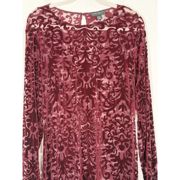 Forever 21 Velvet Burnout Burgundy Dress Sheer Stretch Vampire Whimsigoth 2X - Picture 6 of 10